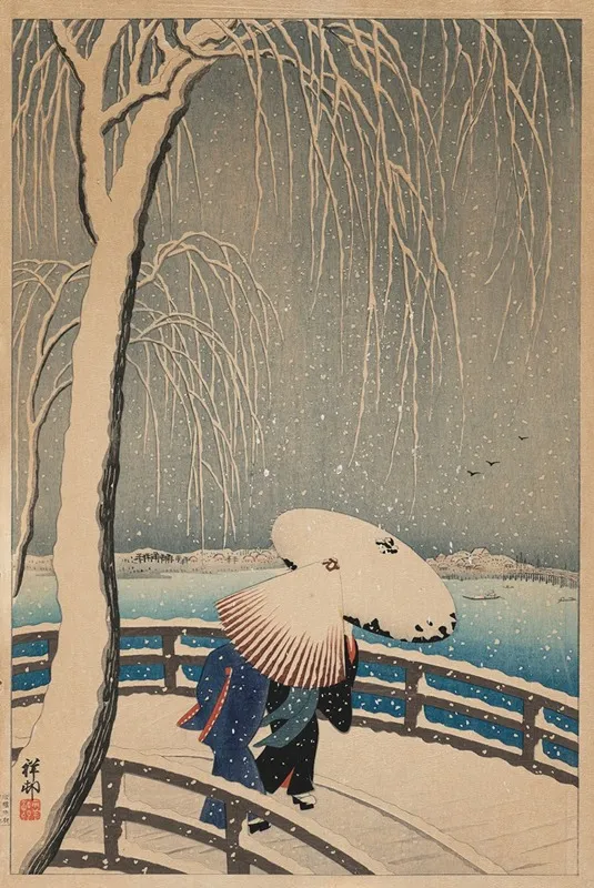 Umbrellas In Snow 2 by Ohara Koson - Canvas Print