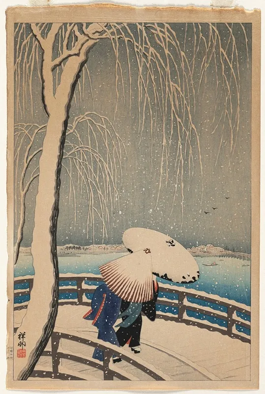 Umbrellas In Snow by Ohara Koson - Canvas Print