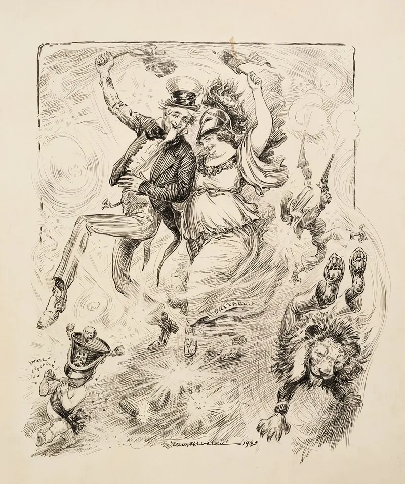 Uncle Sam And A Woman Representing Britain Walk Arm In Arm In A Procession Carrying Each Others Flags