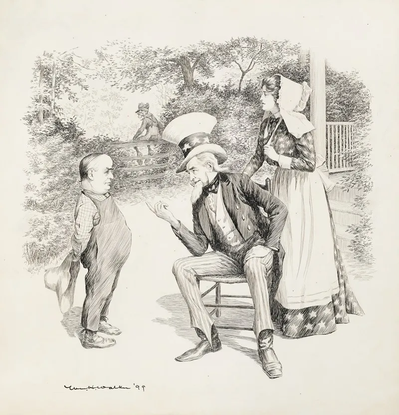 Uncle Sam And Columbia Dressed As A Farmers Wife Talk With A Man Depicted As A Young Boy In Overalls