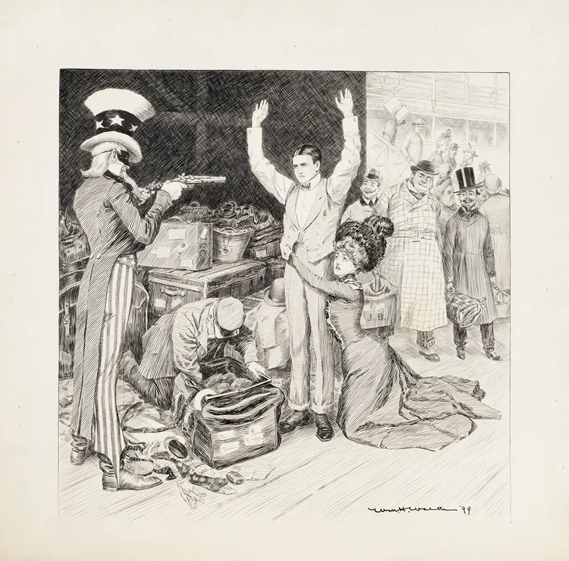 Uncle Sam As A Bandit Holds Up A Young Couple At Customs
