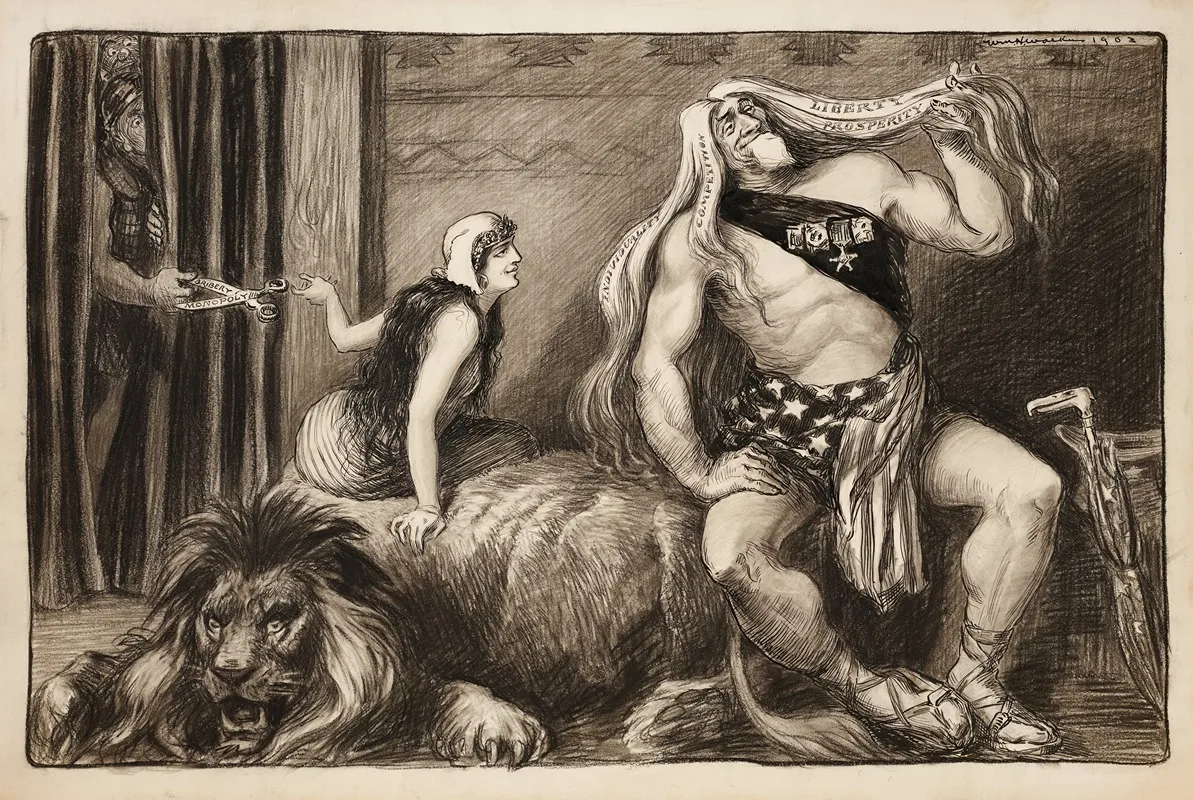 Uncle Sam As Sampson Admiring His Long Hair Representing Individuality Competition Liberty And Prosperity