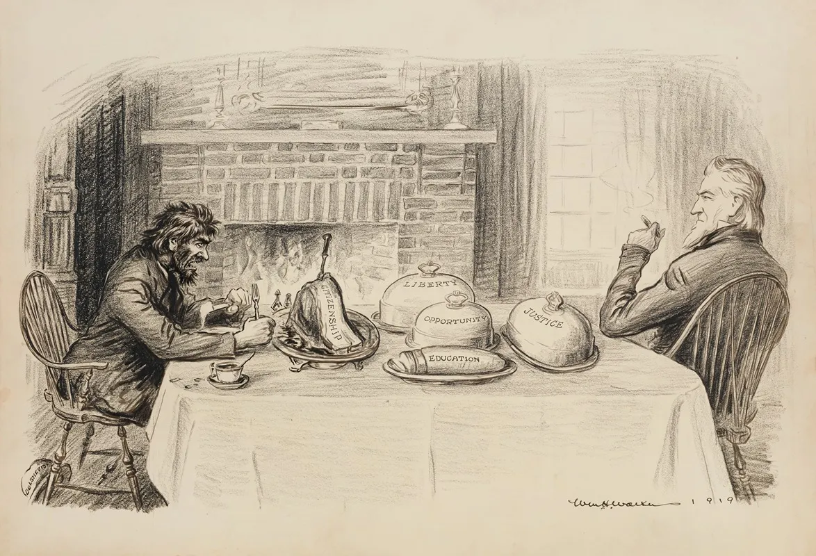 Uncle Sam At A Dinner Table With A Man Representing A Bolshevist