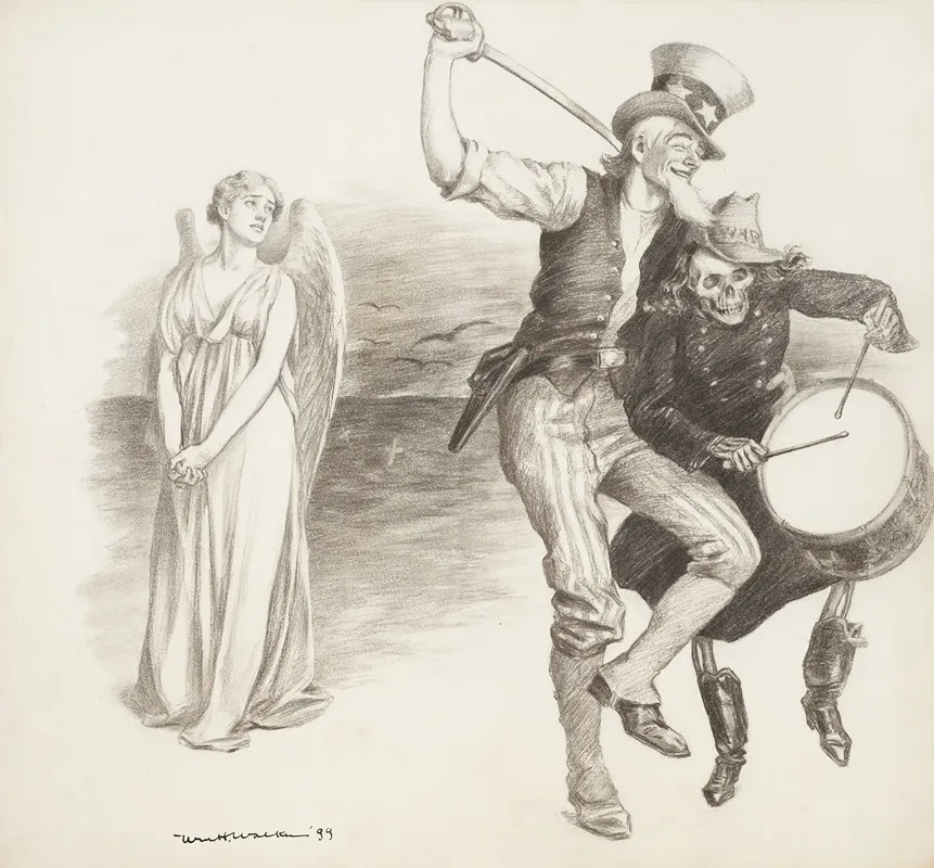 Uncle Sam Dances With A Skeleton In Uniform Representing War While A Female Angel Watches Them And Weeps