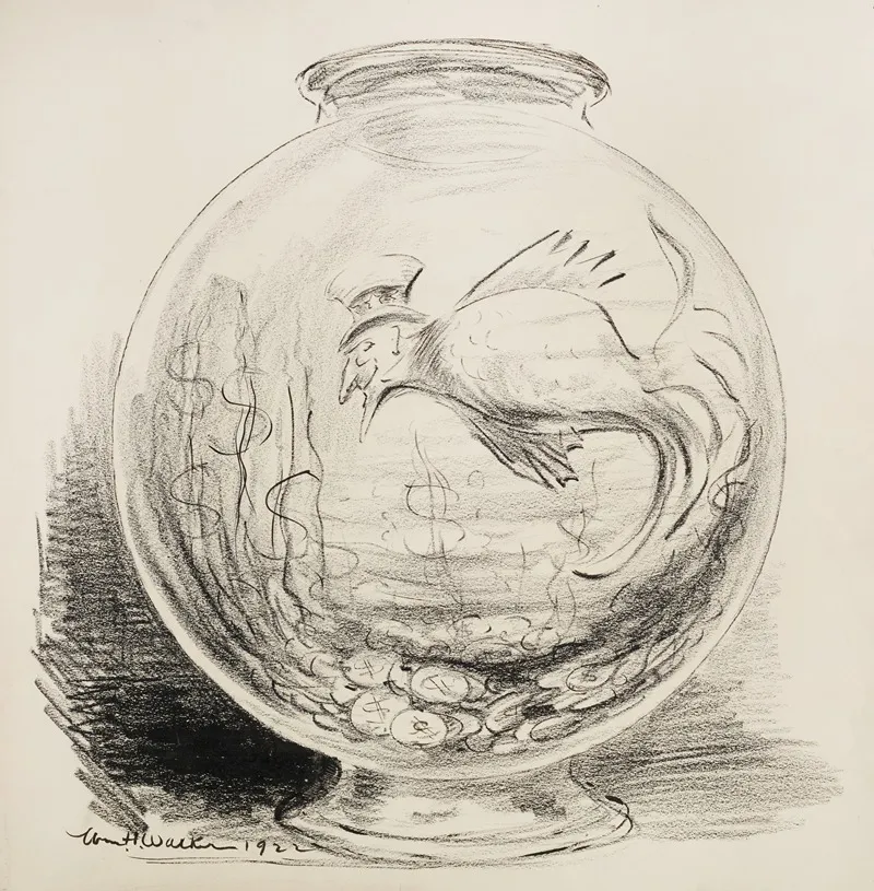 Uncle Sam Depicted As A Fish In A Bowl With Coins At The Bottom Instead Of Gravel