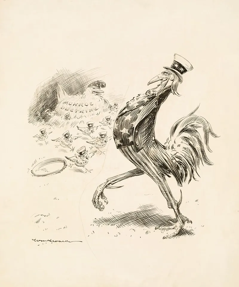 Uncle Sam Depicted As A Proud Rooster And The Monroe Doctrine As His Hen