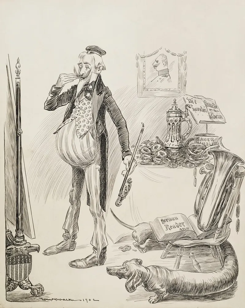 Uncle Sam Depicted As The Kaiser Hat Style Mustache Style And Pipe With German Items Around The Room