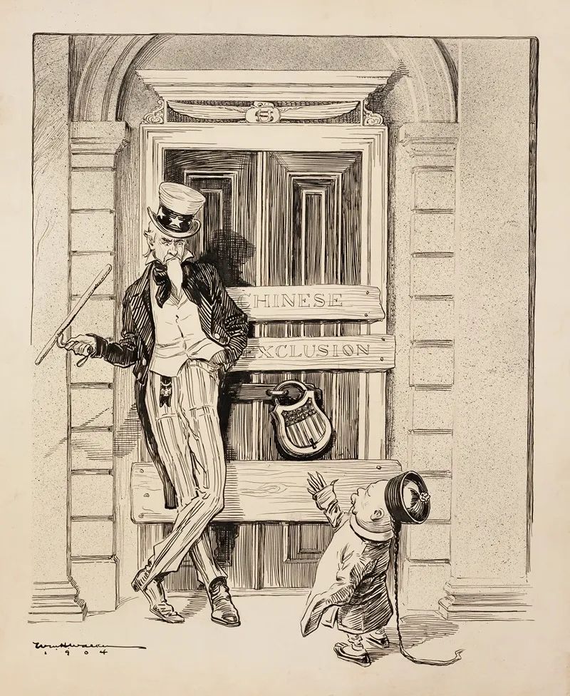 Uncle Sam Has Barred The Door To The United States To Keep Out A Chinese Man With Boards Reading Chinese Exclusion