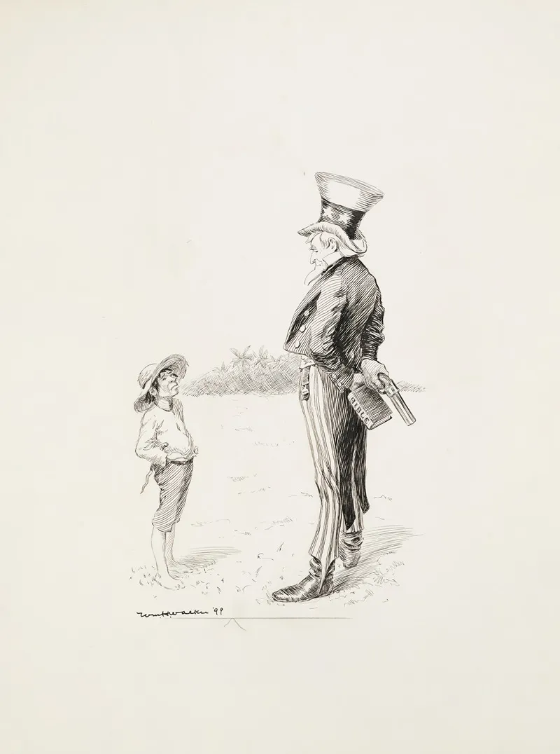 Uncle Sam Holding A Gun And A Bible Behind His Back Talks To A Man From A Tropical Country