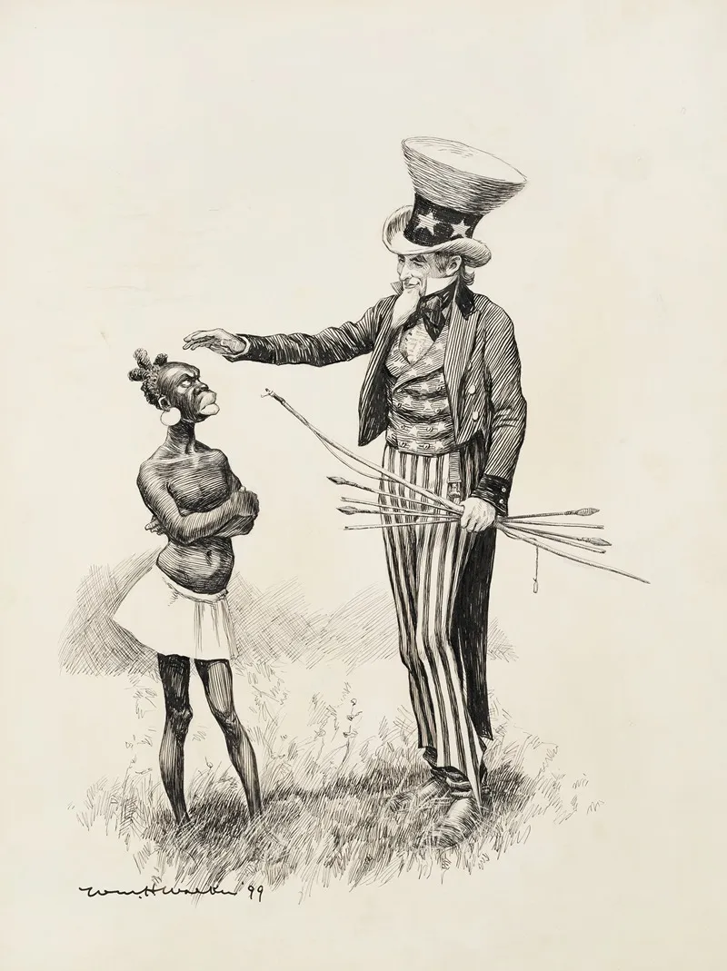 Uncle Sam Holds A Bow And Arrows And Tries To Pat An Angry Black Man In Native Dress On The Head