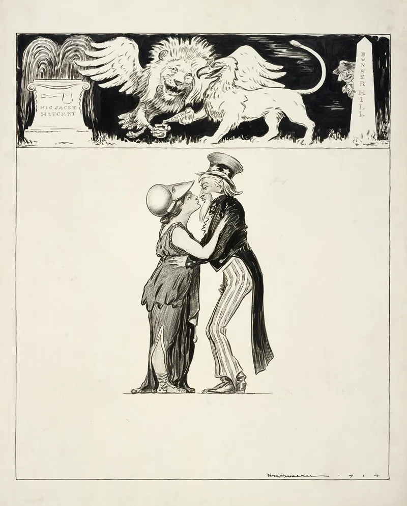 Uncle Sam Kisses A Stout Woman Probably Representing Great Britain