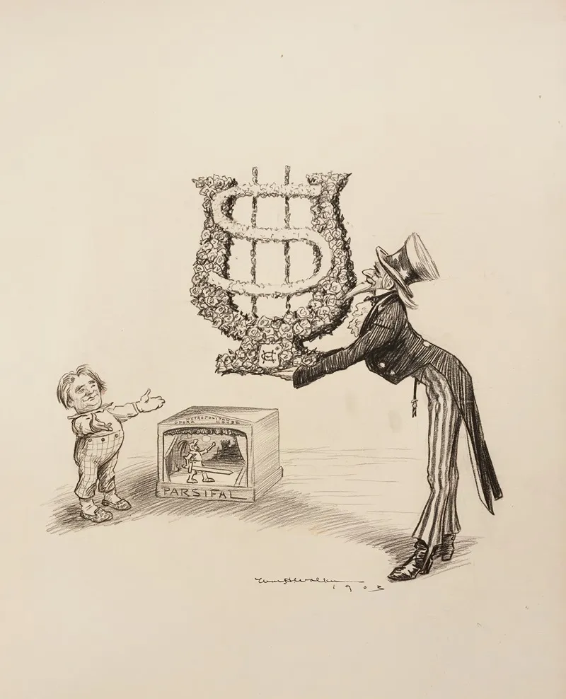 Uncle Sam Offers A Wreath Shaped Like A Dollar Sign To Parsifal And The Metropolitan Opera House Depicted As A Boy And A Puppet Stage