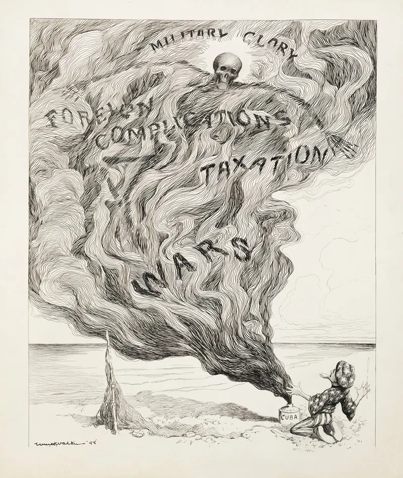 Uncle Sam Opens A Bottle Labeled Cuba And A Smoke With A Skeleton Pours Out