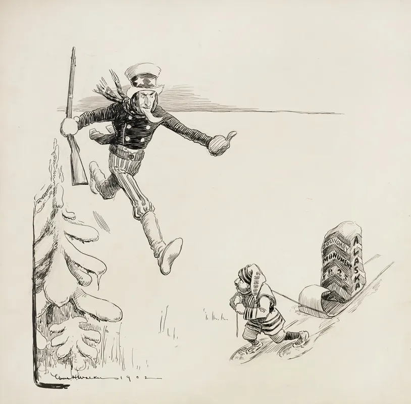 Uncle Sam Runs To Stop A Small Man Representing Canada Who Is Moving The 1825 Alaska Boundary Monument
