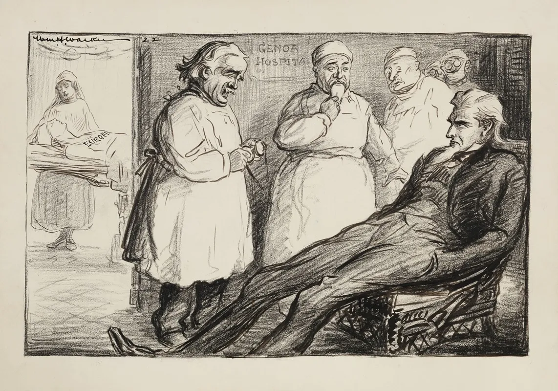 Uncle Sam Sits In The Waiting Room Of Genoa Hospital Attended To By Several Doctors