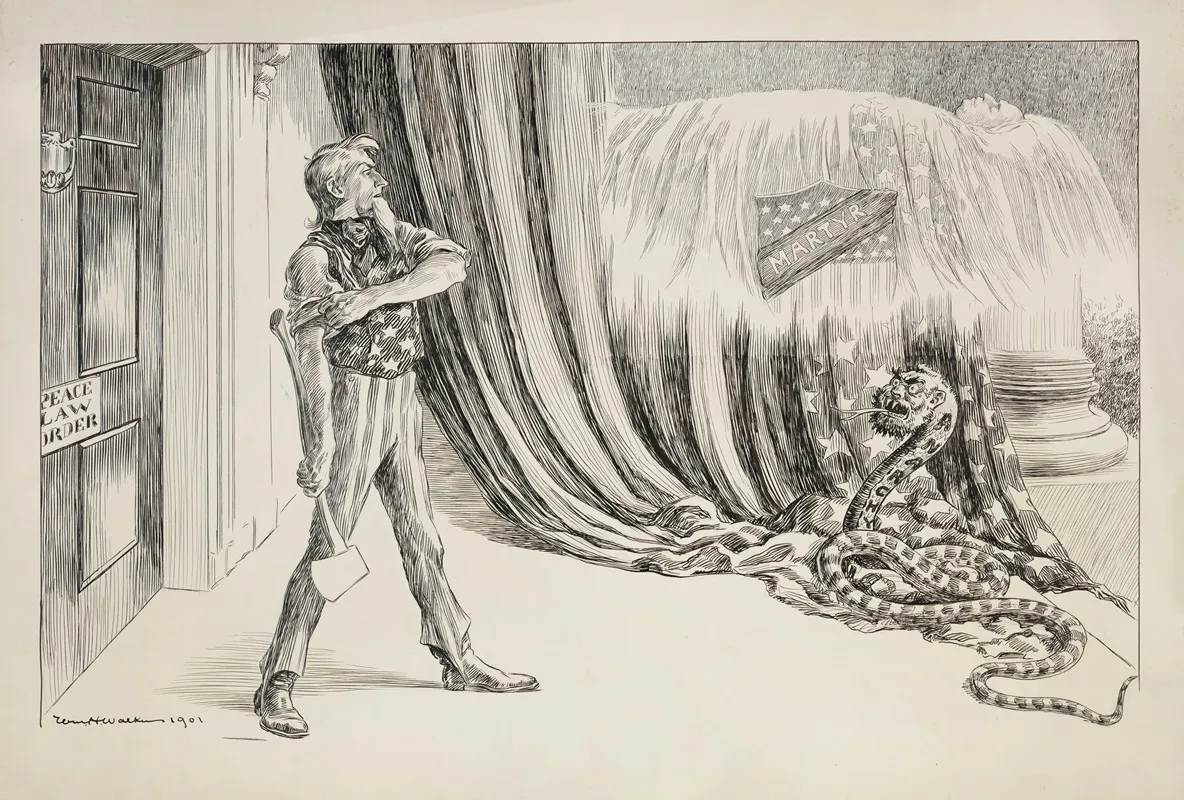 Uncle Sam Stands Before A Door Labeled Peace Law Order And Prepares To Strike A Snake Representing Anarchy