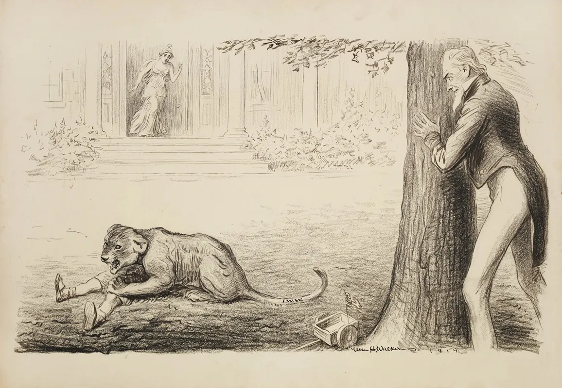 Uncle Sam Watches From A Behind A Tree As A Lion Cub Representing The I W W Industrial Workers Of The World Mauls A Young Boy