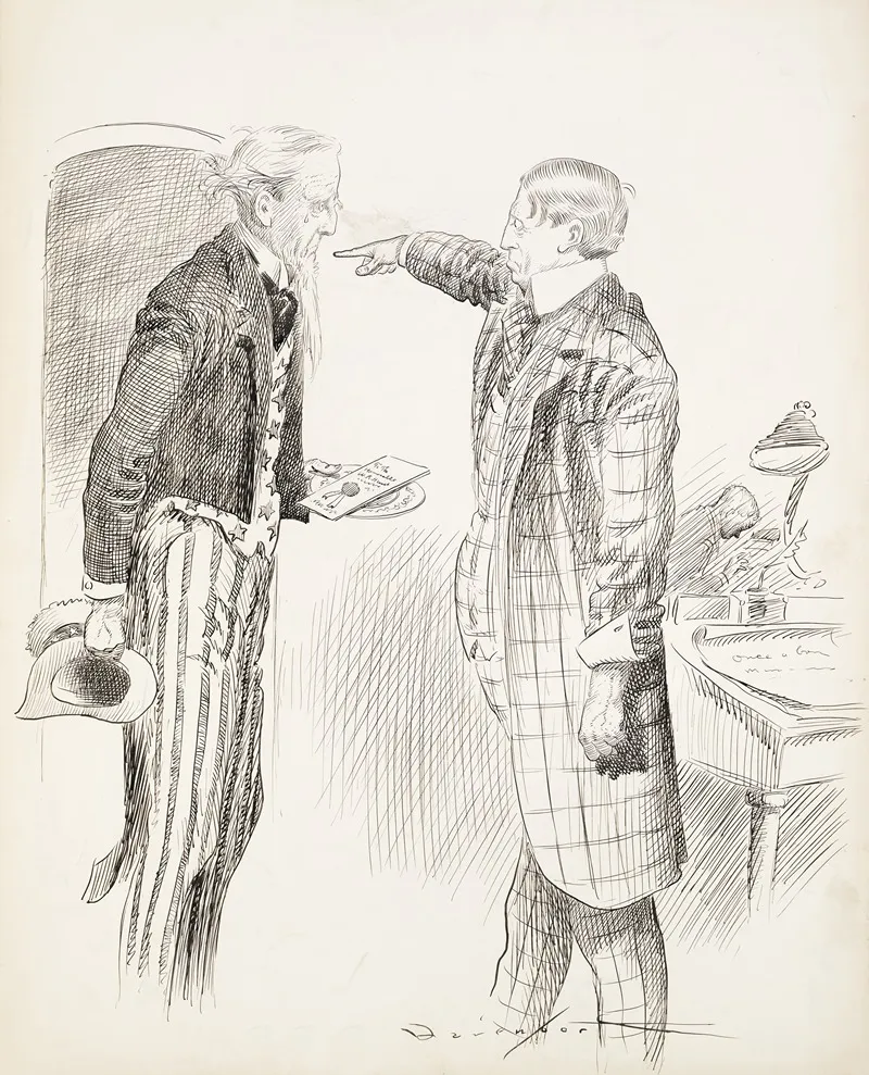 Uncle Sam With Torn Clothes And Tears In His Eyes Tries To Offer An Invitation To The Honorable W R H But Is Ordered To Leave