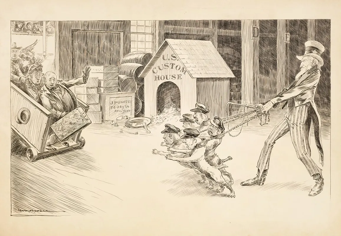 Uncle Sam With U S Custom Officials Depicted As Attack Dogs Confronting Passengers As They Disembark From A Ship After A World Cruise