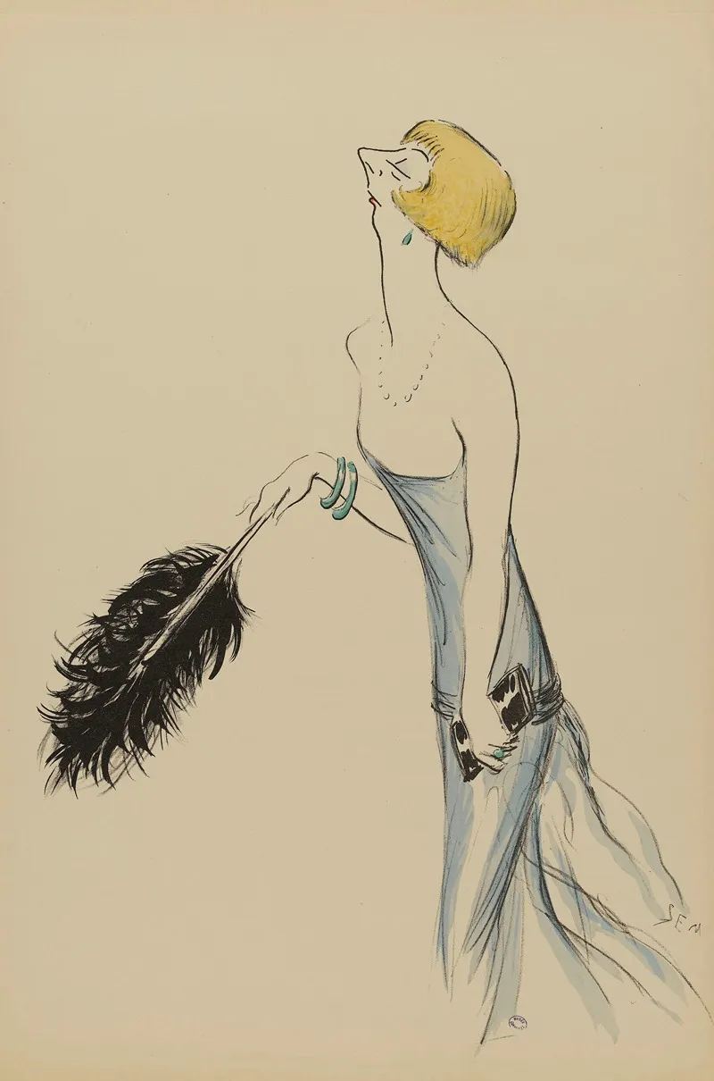 Une Femme En Robe Bleue Tenant Une Plume Dautruche Noire