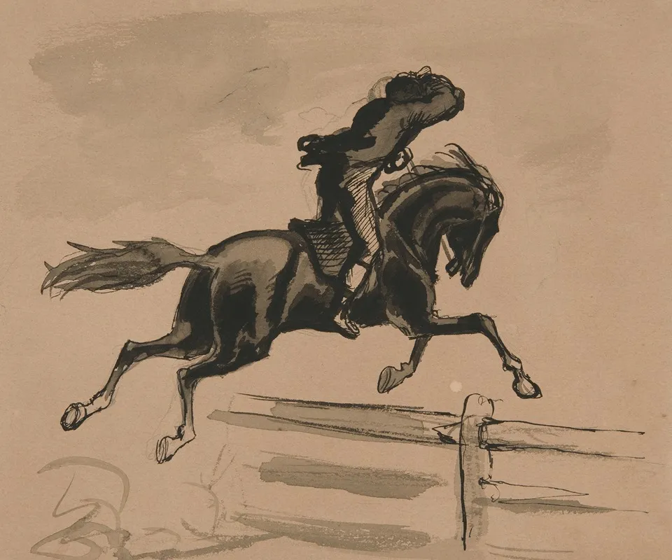 Unidentified Illustration Of A Rider Jumping A Fence