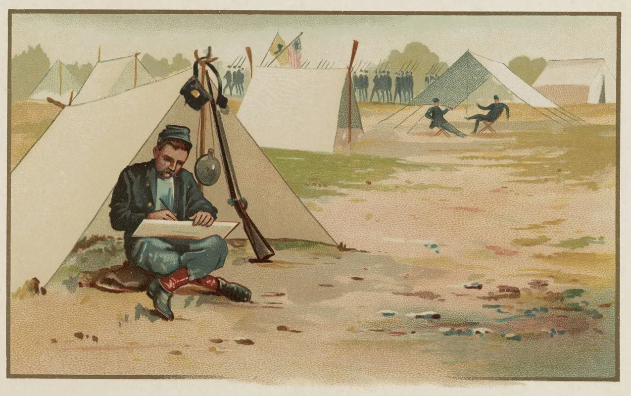 Union Soldier Making A Drawing While Sitting In Front Of Tent At Army Camp by Louis Kinney Harlow - Canvas Print