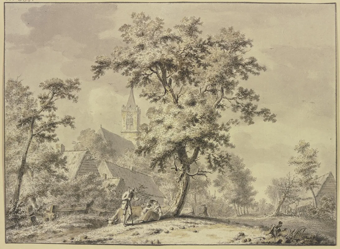 Unter Einem Baum Sitzt Ein Mann Mit Frau Und Kind Und Einigen Kuhen by Johan Bernhard Brandhoff - Canvas Print