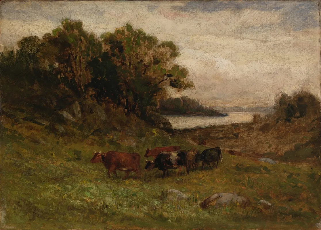 Untitled Five Cows Grazing With Trees And River In Background by Edward Mitchell Bannister - Canvas Print
