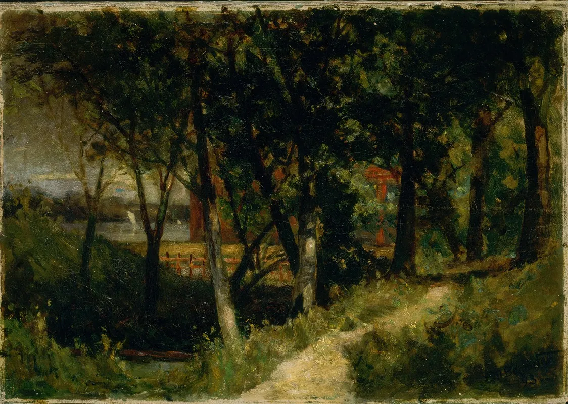 Untitled Landscape Forest Scene With Red Fence And Building