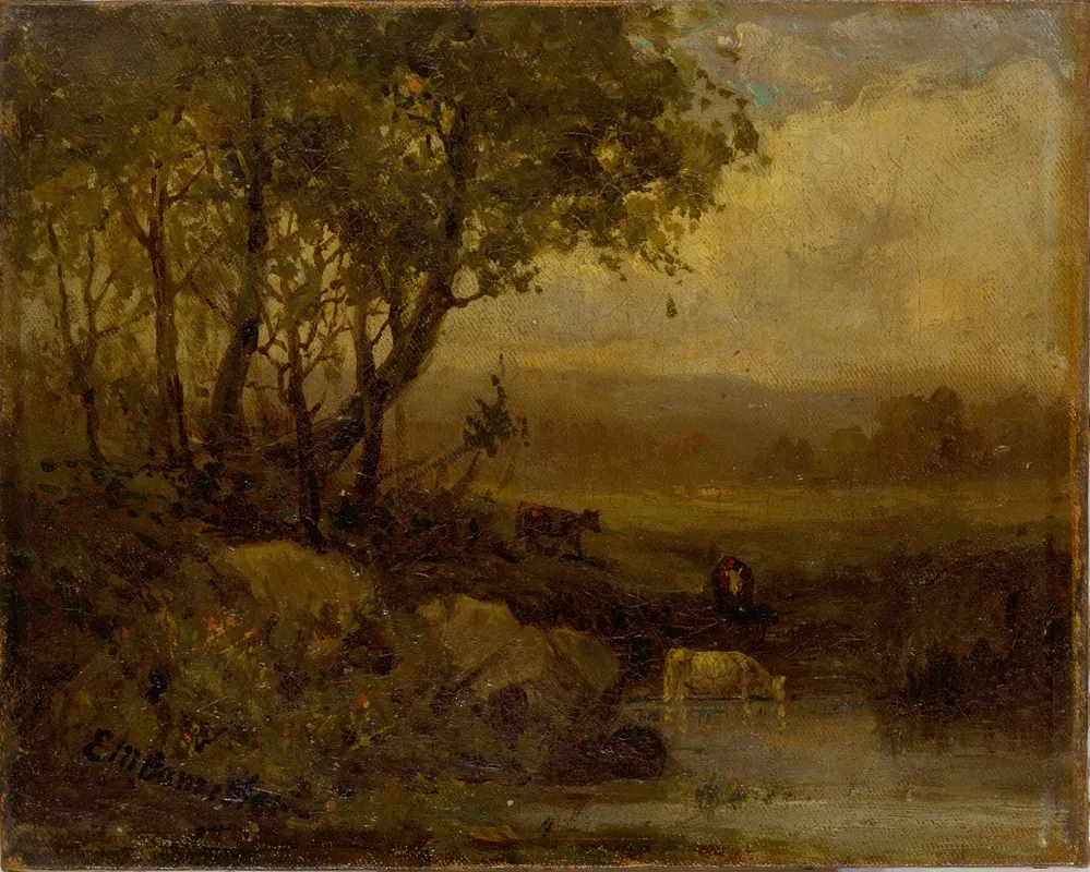 Untitled Landscape Riverbank Three Cows