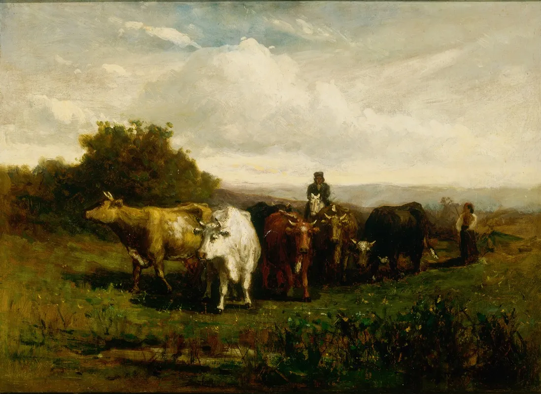 Untitled Man On Horseback Woman On Foot Driving Cattle