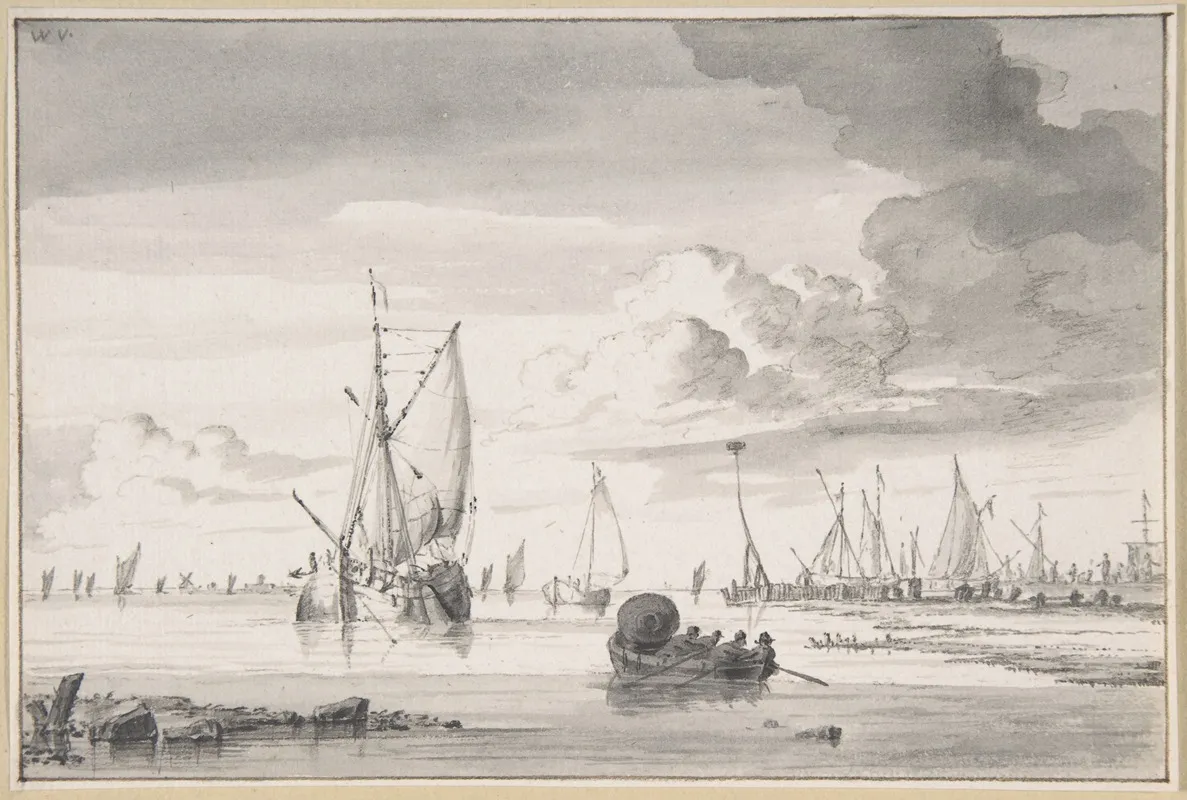 Various Ships And A Rowing Boat On An Estuary