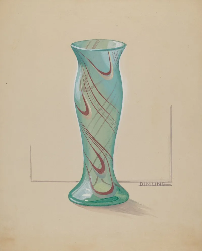 Vase Green With Red Swirl by Elizabeth Dimling - Canvas Print