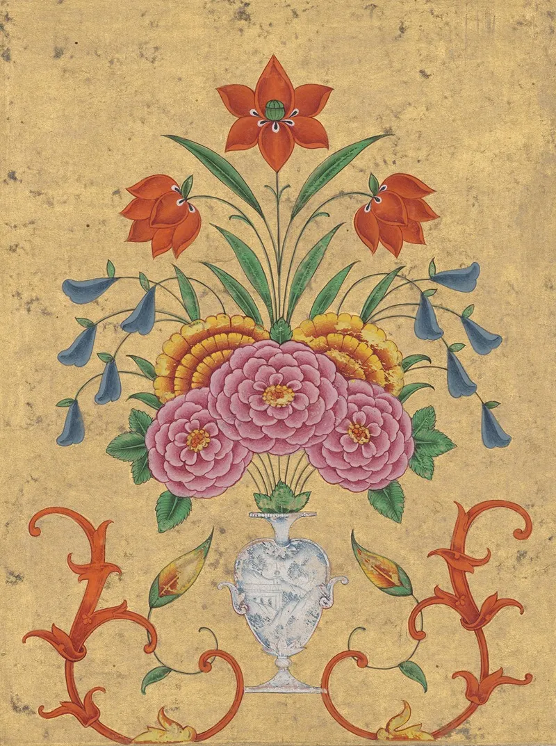 Vase With Flower Arrangement And Scrollwork