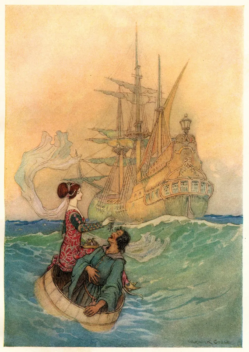 Vastolla And Peruonto Approaching The Ship by Warwick Goble - Canvas Print