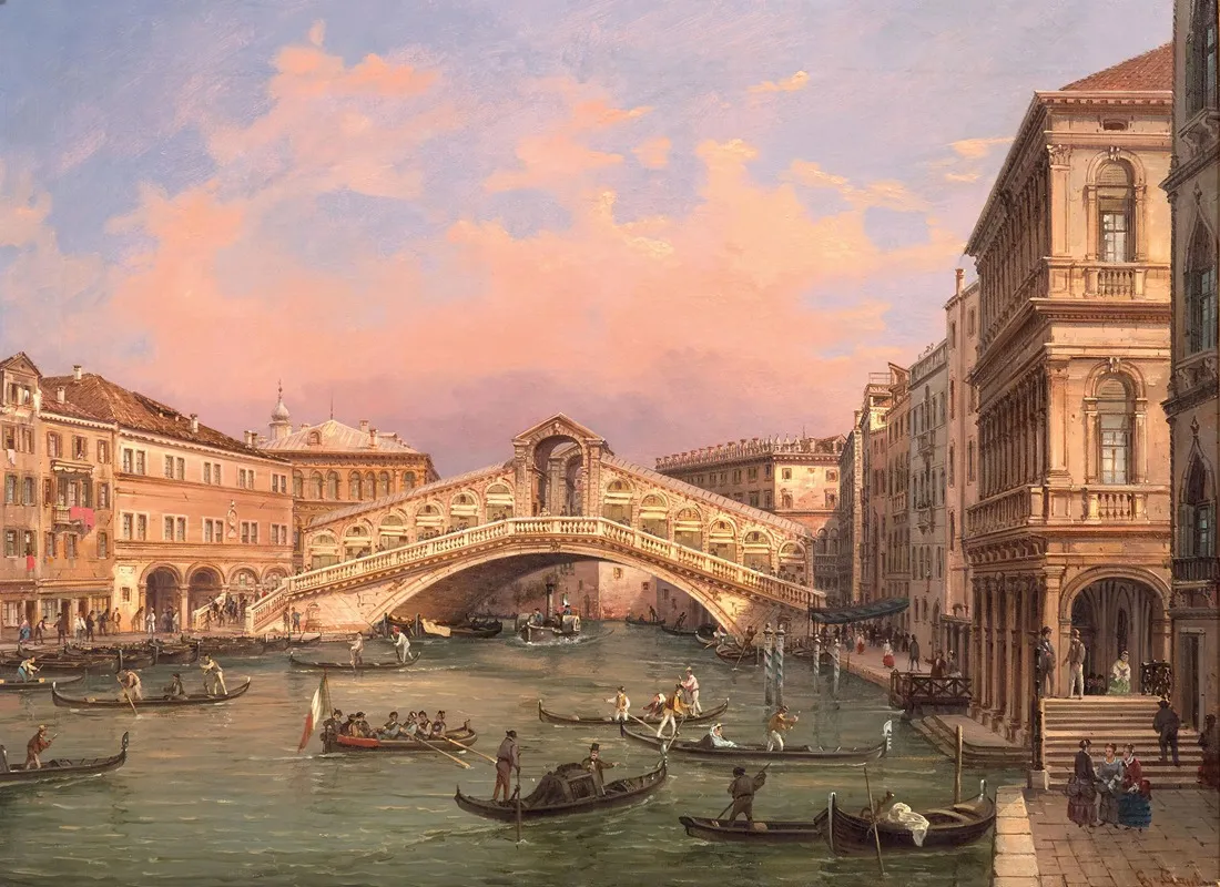 Venice A View Of The Rialto Bridge by Giovanni Grubacs - Canvas Print