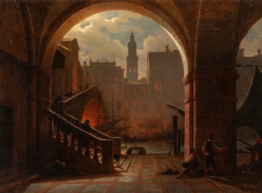 Venice Rialto Bridge At Night by Ludwig Mecklenburg - Canvas Print