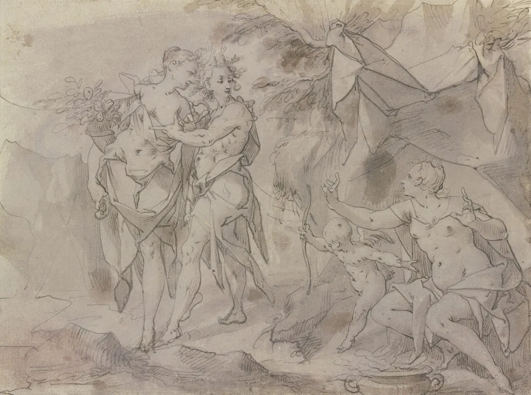 Venus Und Amor Unter Einem Zelt Sitzend Links Von Ihnen Stehen Flora Und Zephir