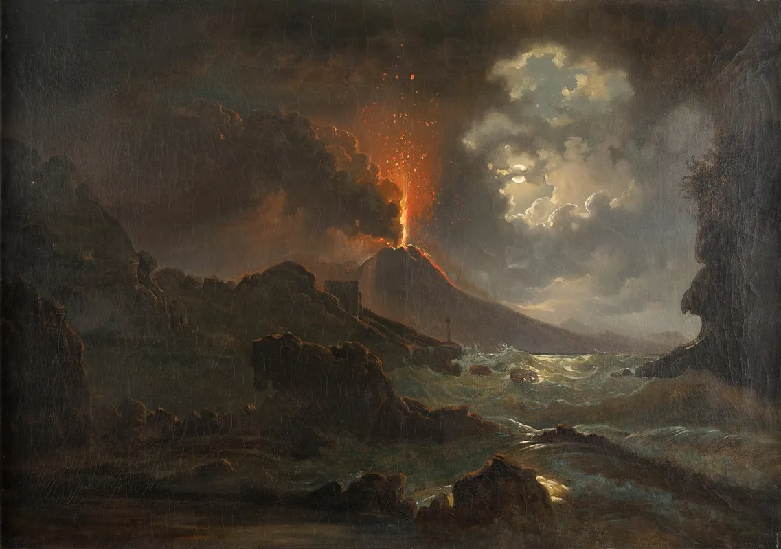 Vesuvausbruch Bei Nacht Mit Blick Auf Die Scuola Di Virgilio by Joseph Rebell - Canvas Print