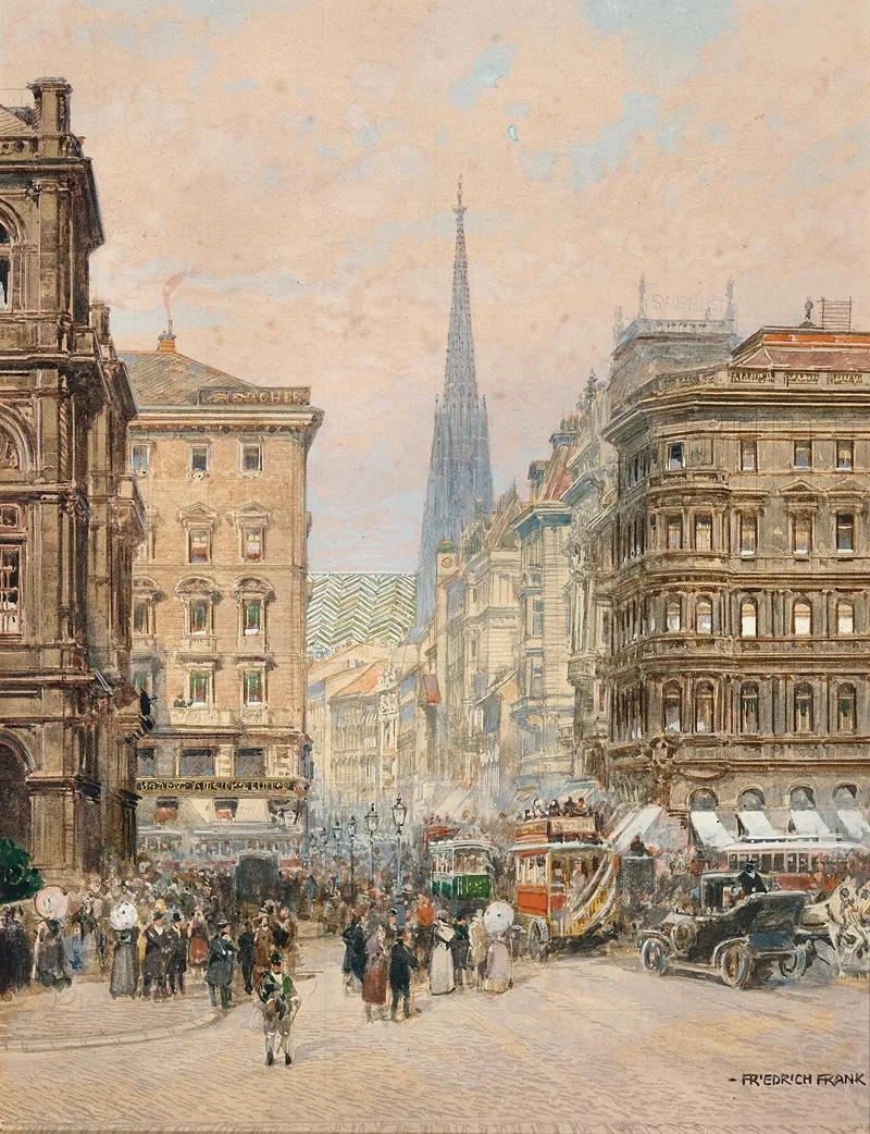 Vienna Karntnerstrasse A View From The Opera To Saint Stephens Cathedral by Friedrich Frank - Canvas Print