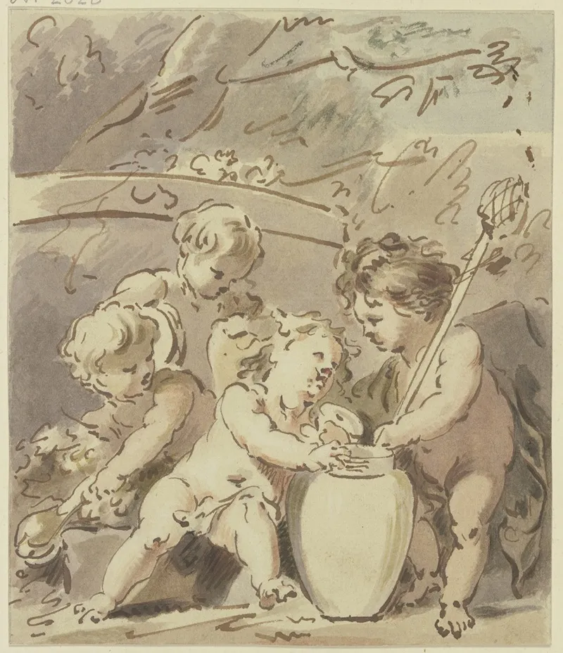 Vier Amoretten Bei Einer Vase by Jacob de Wit - Canvas Print