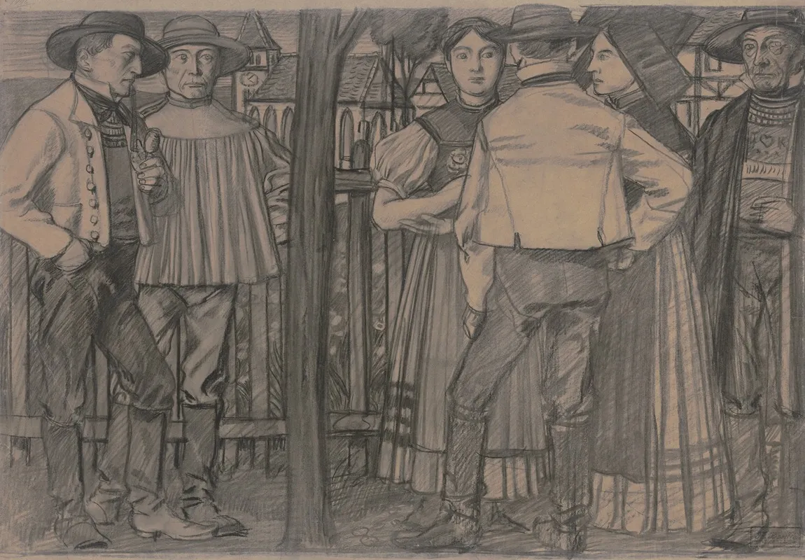 Vier Bauern Und Zwei Bauerinnen Im Gesprach by Fritz Boehle - Canvas Print
