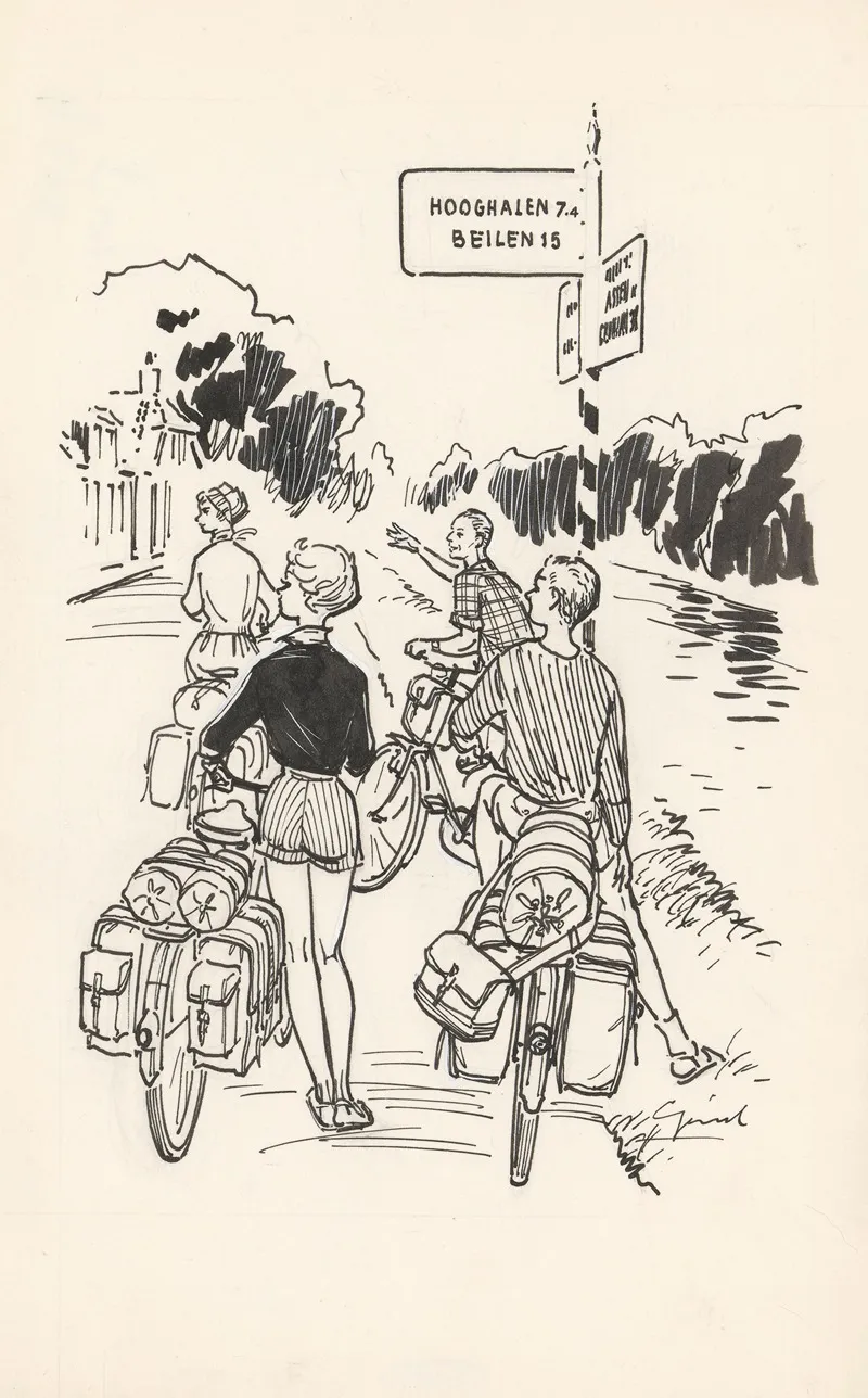 Vier Fietsers Bij Een Wegwijzer 2