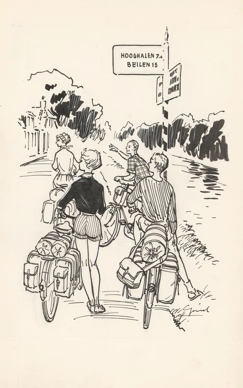 Vier Fietsers Bij Een Wegwijzer 3 by Gerard - Canvas Print