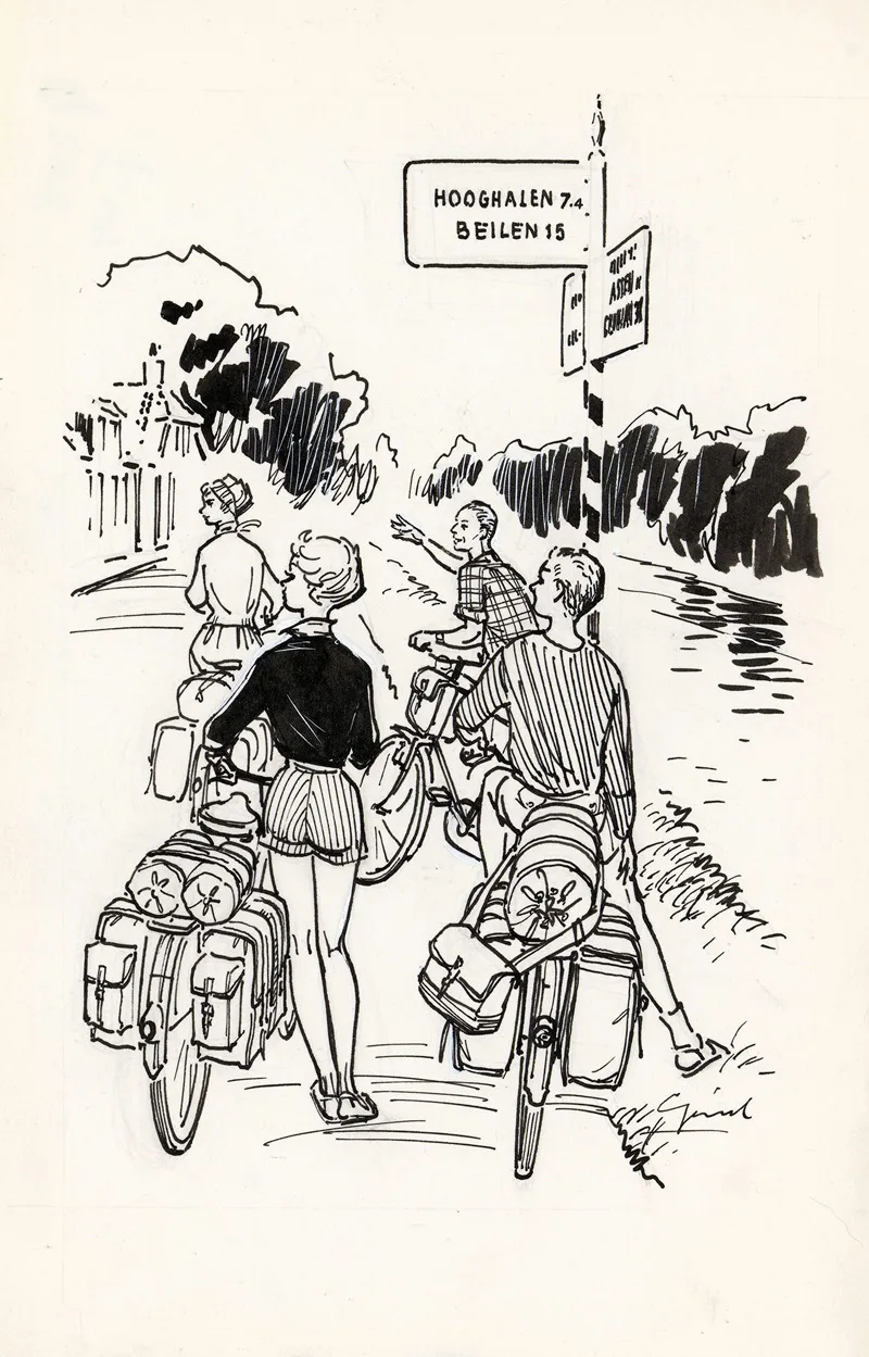Vier Fietsers Bij Een Wegwijzer