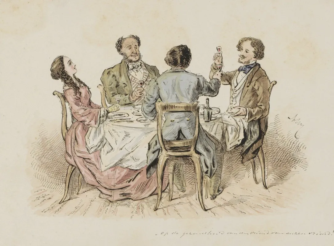 Vier Figuren Die Een Toost Uitbrengen Aan Een Tafel
