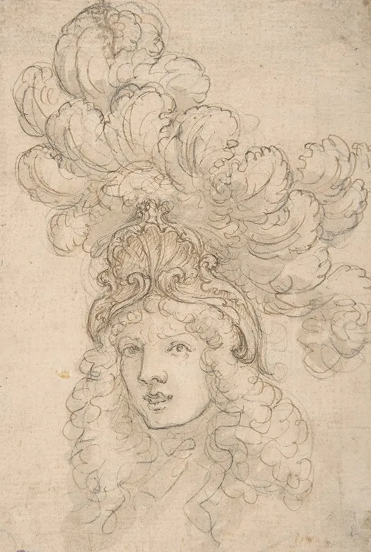 View Of A Design For A Headpiece Decorated With A Shell And Large Plume