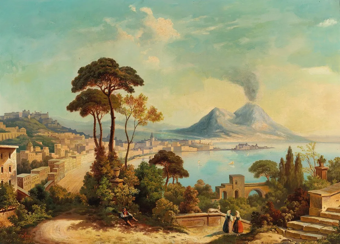 View Of Naples With Vesuvius In The Background by Ferdinand Lepie - Canvas Print