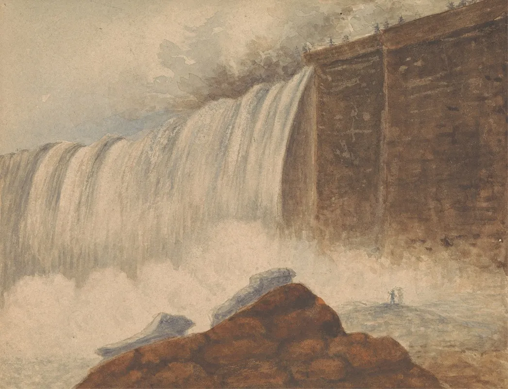 View Of Niagara Falls With Two Figures On Rock In Right Foreground