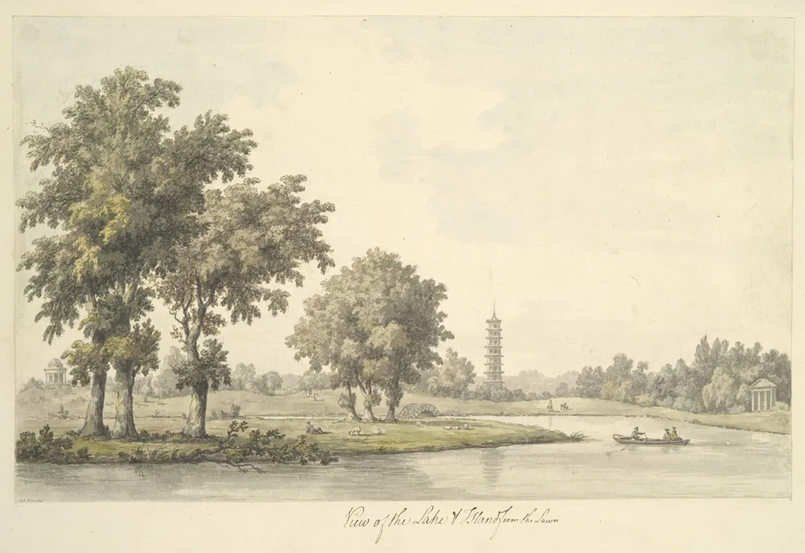 View Of The Lake And The Island From The Lawn At Kew by William Marlow - Canvas Print